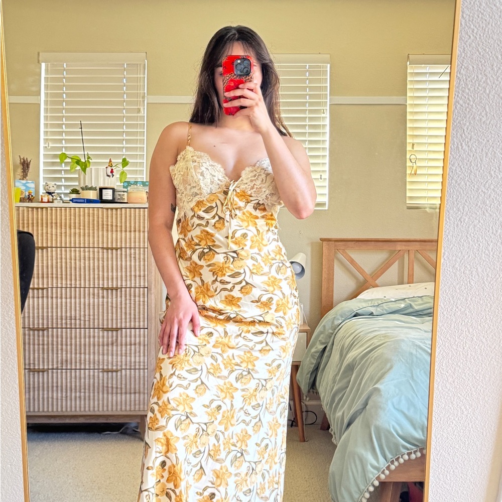 Yellow Floral Lace-Trim Maxi Slip Dress